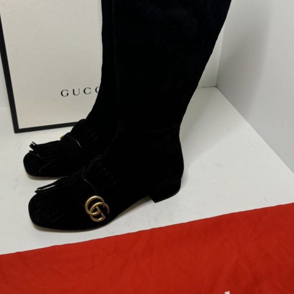 $1650 Gucci GG Logo Marmont fringe suede Boot Excellent Condition Size 39